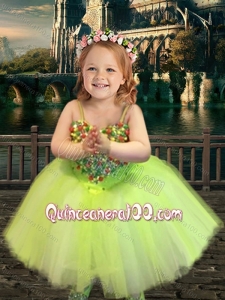Most Popular Yellow Green Spaghetti Straps Little Girl Dress with Beading