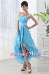 A-line Baby Blue Chiffon High-low Sweatheart Dresses for Dama with Belt