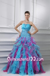 Ball Gown Strapless Organza Beading Ruffles Multi-color Quinceanera Dress
