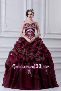 2014 Spaghetti Straps Organza Beading and Appliques Burgundy Quinceanera Dress