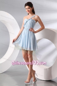 Cute Light Blue One Shoulder Ruching Mini-lengthDama Dress for Quinceanera