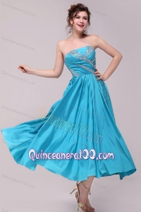 Elegant Aqua Blue A-Line Strapless Taffeta Beading Ankle -length Dresses for Dama