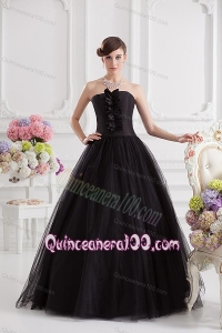 Simple A-line Strapless Tulle Black Quinceanera Dress with Ruffles