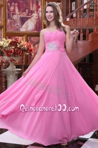 Empire Rose Pink One Shoulder Beading and Ruching ChiffDama Dress for Quinceanera