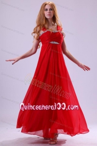 Red Empire Beading Straps Ankle-length Chiffon Dama Dress for Quinceanera