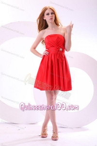 Simple Strapless A-line Mini-length Red Dama Dress for Quinceanera with Ruching