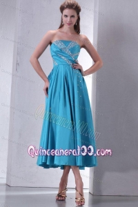Teal Empire Strapless Tea-length Dama Dress for Quinceanera with Beading