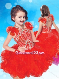 Exclusive Beaded and Ruffled Halter Top Little Girl Pageant Dress with Criss Cross