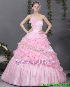 2015 Popular Pink Quinceanera Gowns with Hand Made Flowers and Ruffles