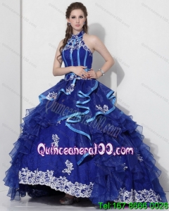 Halter Top Appliques Royal Blue 2015 Quinceanera Dresses with Ruffles and Brush Train