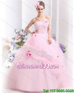 Traditional Baby Pink Sweet Sixteen Dresses with Hand Made Flowers