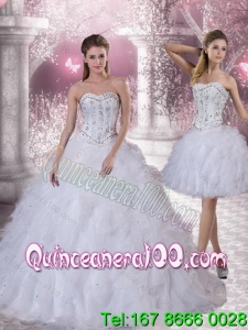 2015 Detachable Sweetheart White Quinceanera Dress with Ruffles and Beading