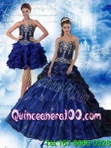 Detachable Navy Blue Sweetheart Quinceanera Dress with Ruffles and Embroidery