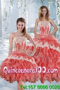 Detachable 2015 New Style Strapless Appliques and Ruffles Quinceanera Dresses in Watermelon