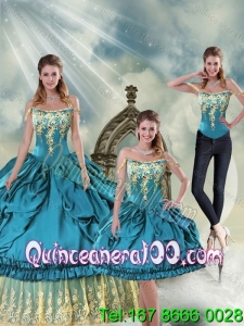 Detachable Off The Shoulder Teal Sweet 15 Dresses with Pick Ups and Embroidery