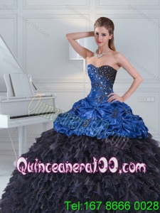 2015 Modest Beading and Pick Ups Blue and Black Sweetheart Quince Dresses