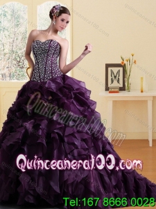 2015 New Arrival Sweetheart Burgundy Quinceanera Dress with Ruffles and Beading