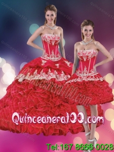 Detachable 2015 Red Strapless Appliques Quinceanera Dresses with Rolling Flowers