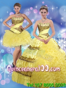 Detachable 2015 Strapless Yellow Quinceanera Dresses with Beading and Ruffles