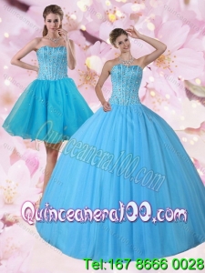 Elegant Detachable Baby Blue Strapless Quinceanera Dress with Beading