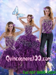 Elegant Purple Strapless Quince Dresses with Appliques and Ruffles for 2015