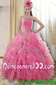 2015 Elegant Rose Pink Quinceanera Dresses with Ruffles and Beading