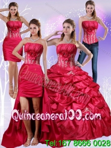 2015 Most Popular Strapless Red Quinceanera Dress with Appliques and Pick Up