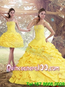 2015 Perfect and Most Popular Yellow Strapless Brush Train Quinceanera Dresses with Beading