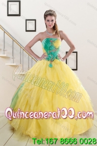 Elegant 2015 Strapless Yellow and Green Sweet 15 Dresses with Ruching