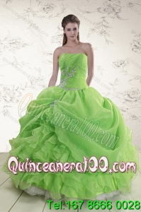 Elegant Spring Green Strapless Sweet 15 Dresses with Ruffles and Beading