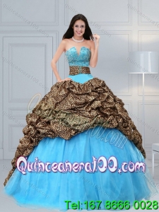 Luxurious and Most Popular 2015 Baby Blue Leopard Printed Quinceanera Dresses with Beading