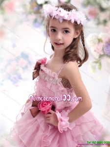 2015 Baby Pink Hand Made Flowers Kid Pageant Dress with Hand Made Flowers and Ruffles