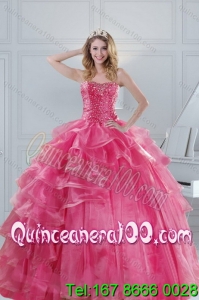 2015 Trendy Pink Strapless Sweet 15 Dresses with Beading and Ruffles