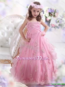 2015 Unique Rose Pink Spaghetti Straps Kid Pageant Dress with Appliques