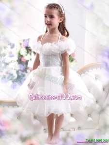 2015 White Halter Top Kid Pageant Dresses with Hand Made Flower