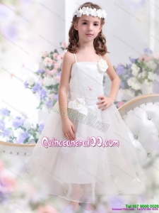 2015 White Spaghetti Straps Kid Pageant Dress with Hand Made Flower and Appliques