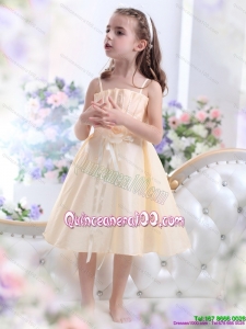 Champagne Spaghetti Straps 2015 Kid Pageant Dresses with Waistband and Hand Made Flower