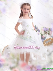 Gorgeous Spaghetti Straps White 2015 Kid Pageant Dress with Hand Made Flowers