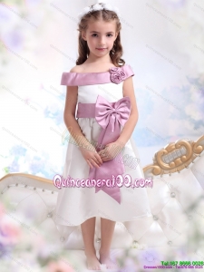 Off The Shoulder White 2015 Kid Pageant Dress with Flower and Bowknot
