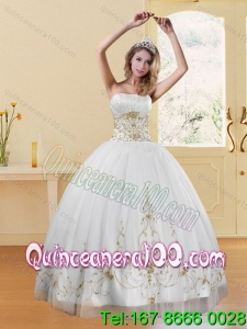 2015 Luxurious Strapless Embroidery White and Gold Dresses for Quinceanera