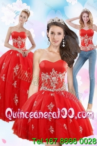 2015 Unique Strapless Red Quince Dresses With Appliques