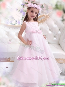 2015 Scoop Appliques and Bownot Pageant Dresses for Girl in Baby Pink