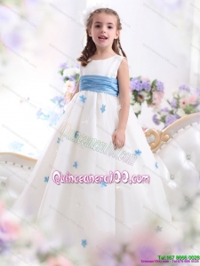 2015 White Scoop Kid Pageant Dress with Baby Blue Waistband and Appliques