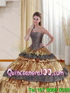 Detachable and Trendy Strapless Leopard 2015 Gold Quince Dress with Ruffled Layers and Beading