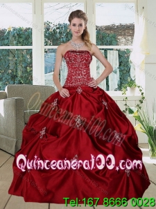 Luxurious Wine Red Pretty Strapless 2015 Quinceanera Gown with Embroidery and Pick Ups