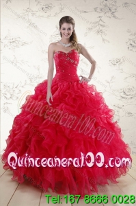 Luxurious and Classical Red 2015 Quince Dresses with Ruffles and Beading