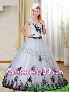 New Arrival One Shoulder White and Black Quinceanera Dress with Appliques for 2015