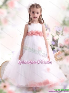 White Little Girl Pageant Dresses with Pink Waistband and Hand Made Flower for 2015