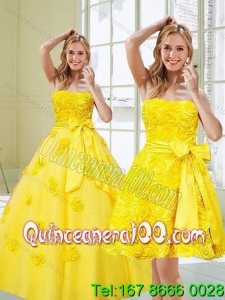 2015 Luxurious Yellow Quinceanera Dresses with Rolling Flowers and Bowknot