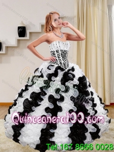 2015 Luxurious Zebra Print White and Black Quince Dresses with Beading and Ruffles